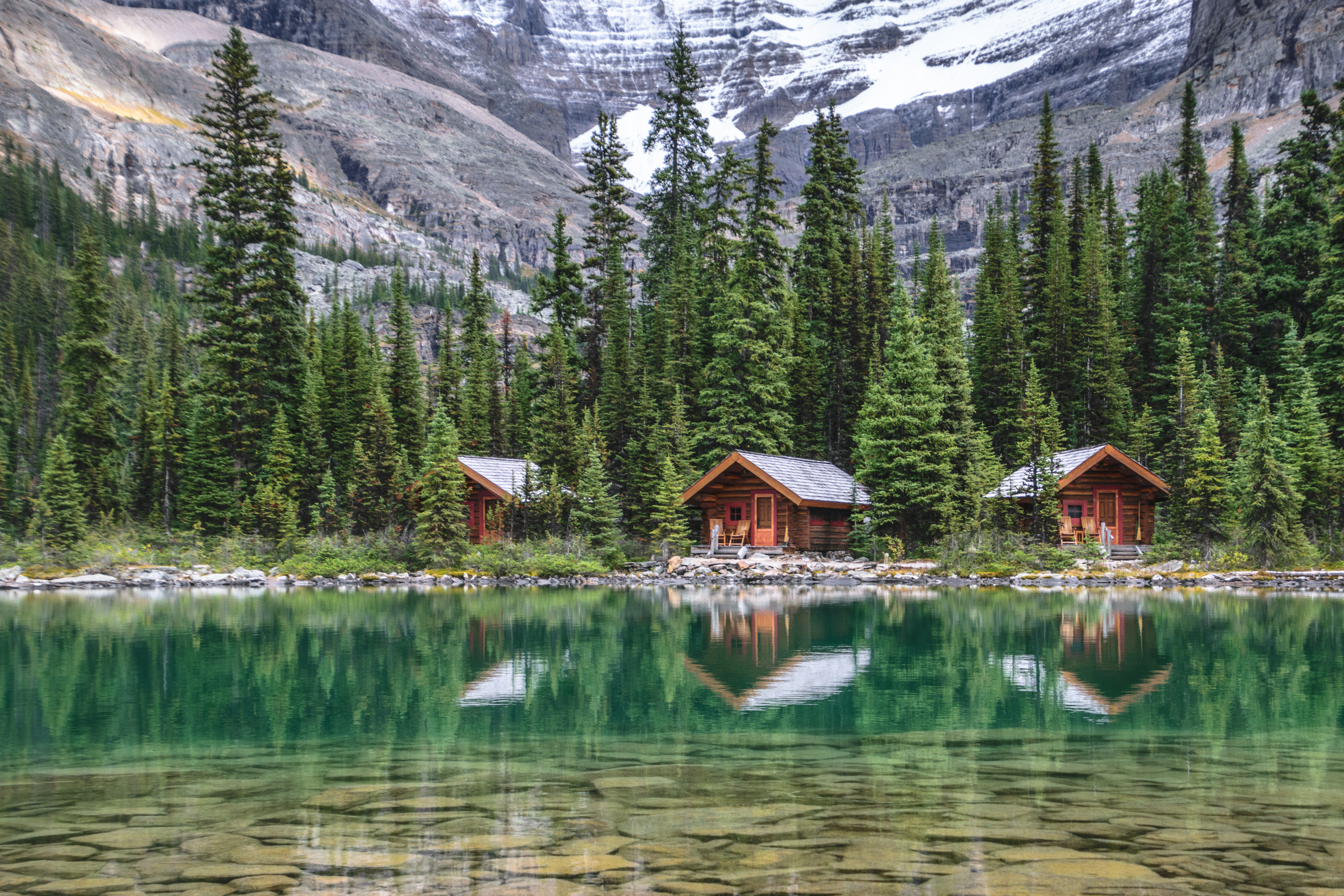 Two wood cabins on lake with pine trees in the background.